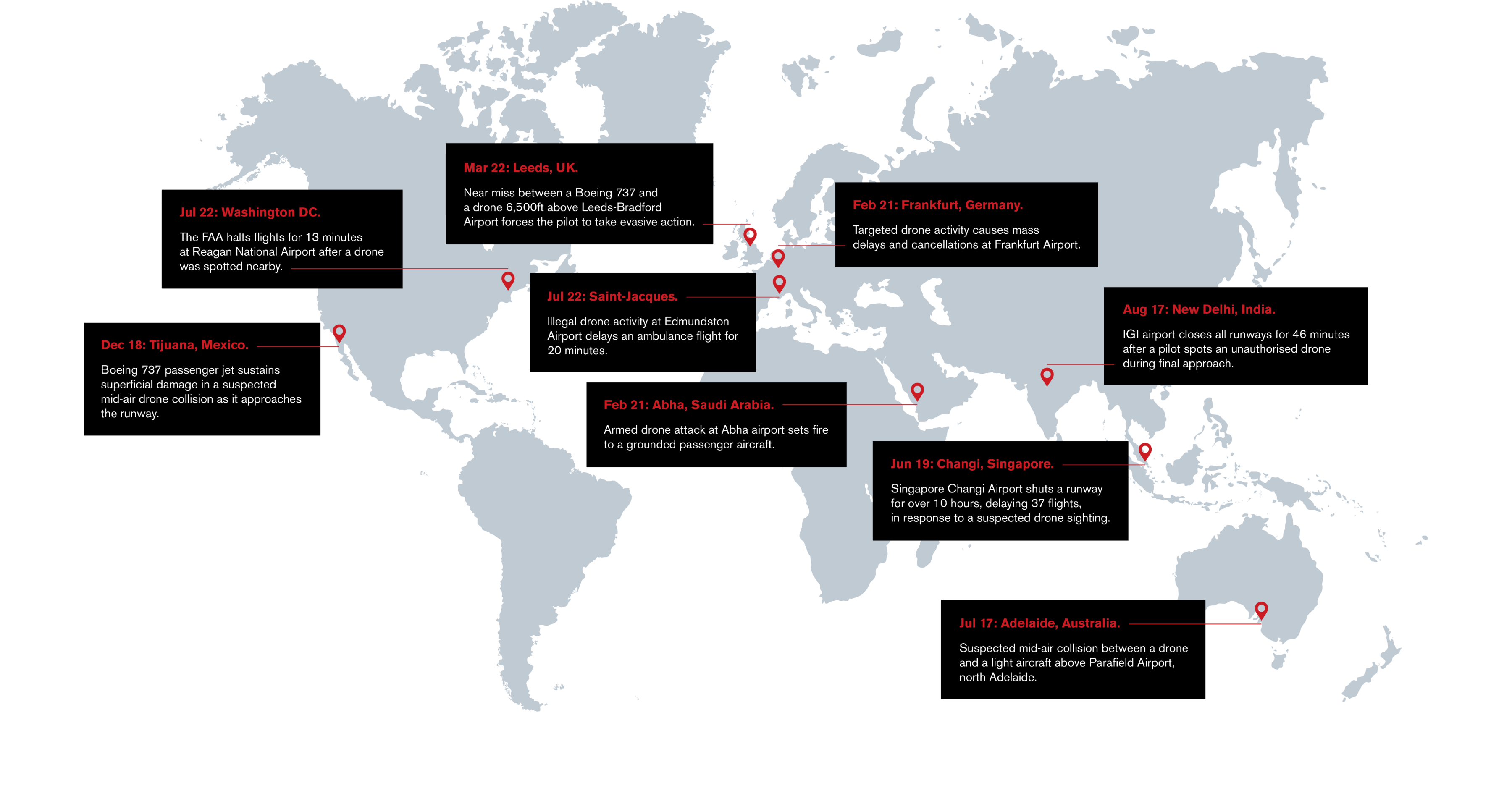 Map showing drone incidents around the world