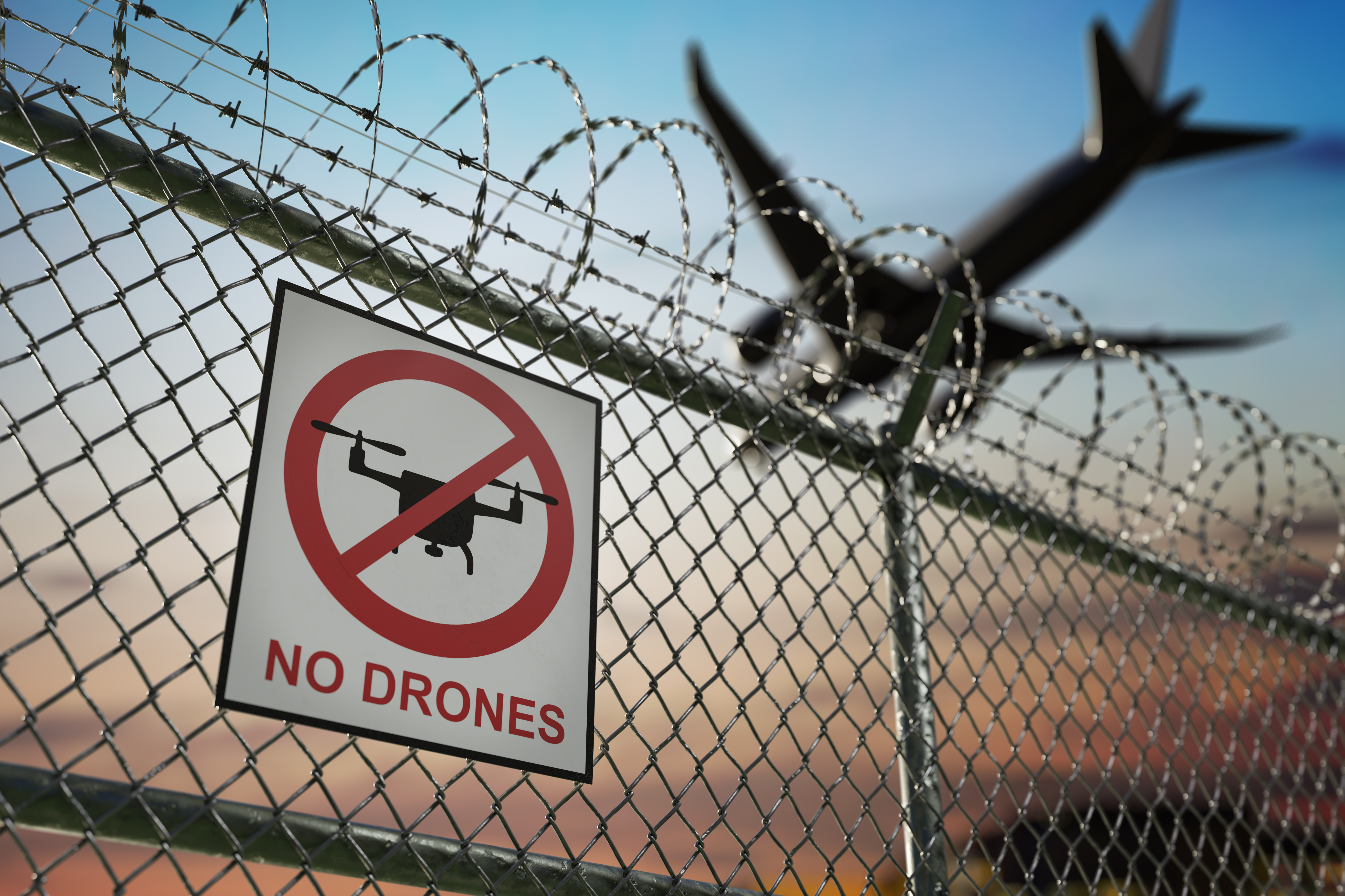 a barbed wire fence with no drones sign at an airport. A plane is flying across the sky over head