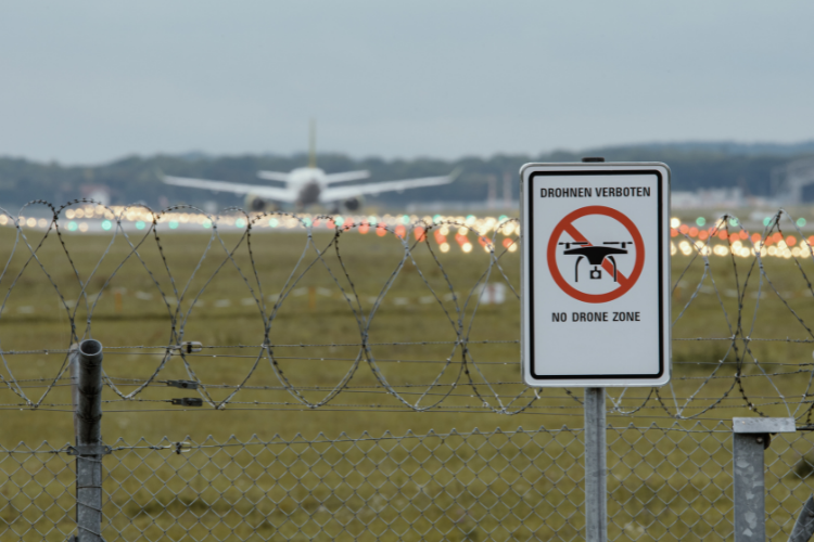 Sign prohibiting drones outside a civil airport runway