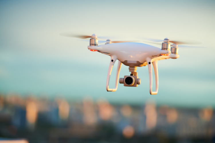 Solitary drone hovering over a city